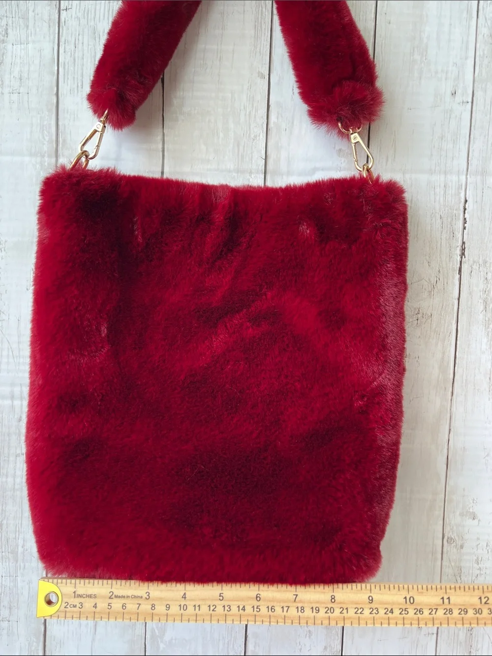 Burgundy Faux Fur Tote Shoulder Bag Fuzzy Plush Gold Hardware NWOT